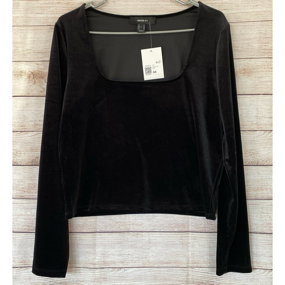 forever21 black stretch velour crop square neck shirt top size 0X plus NWT - Picture 1 of 4